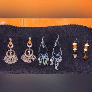Earrings dangle 3 pairs, pink, blue & brown.